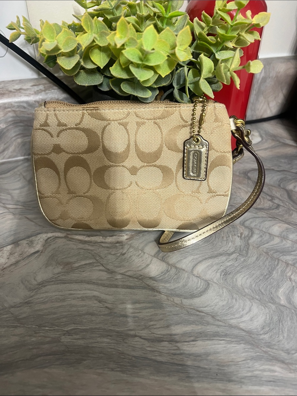 Coach Beige Signature Canvas Wristlet with Gold Accents